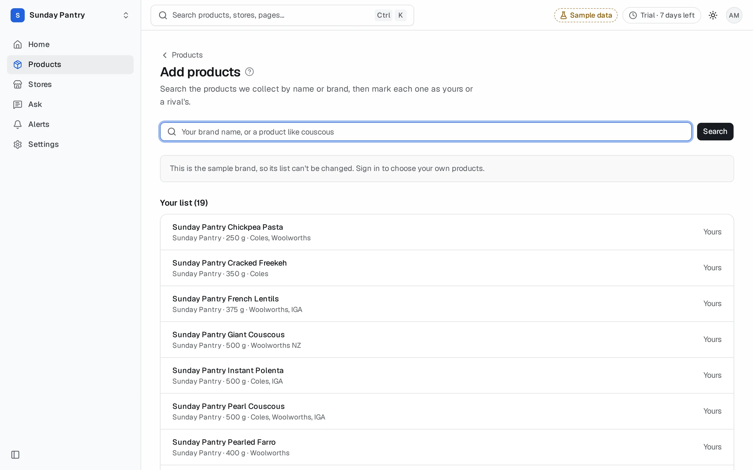 Add products: search a product or brand, and mark each result Yours or Rival