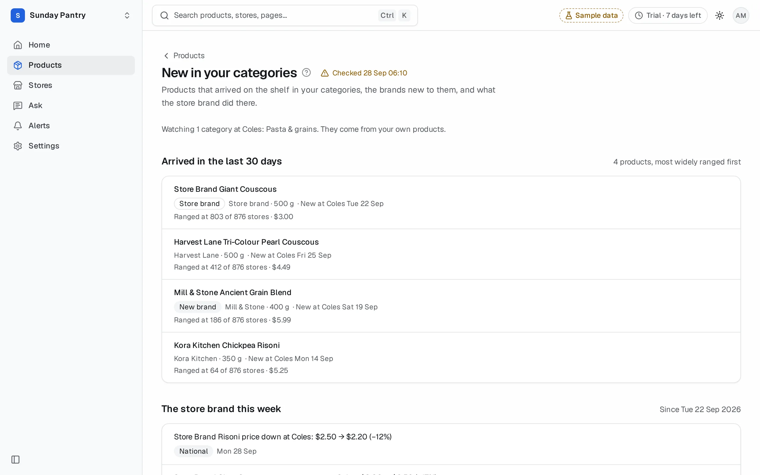 New in your categories: products that arrived on the shelf in your categories, new brands, and store-brand moves
