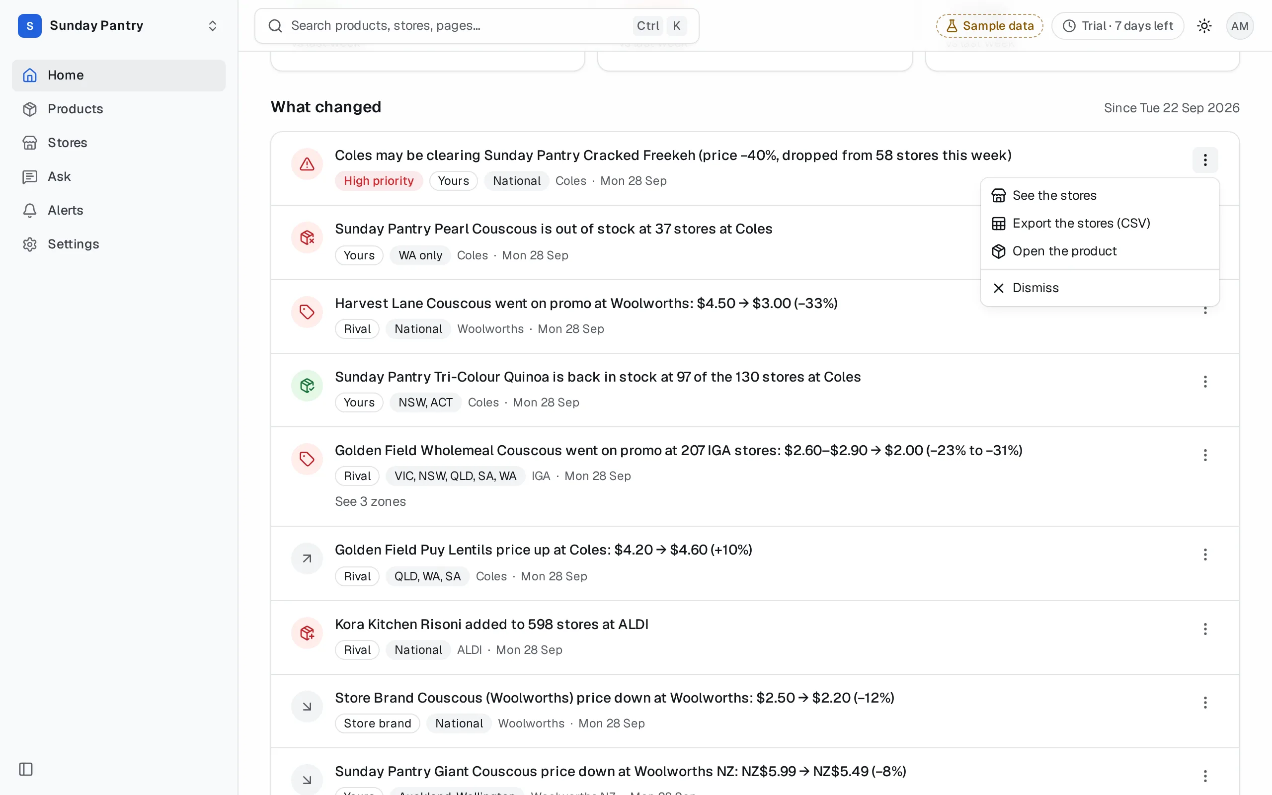 The menu on a change: See the stores, Export the stores (CSV), Open the product, then Dismiss