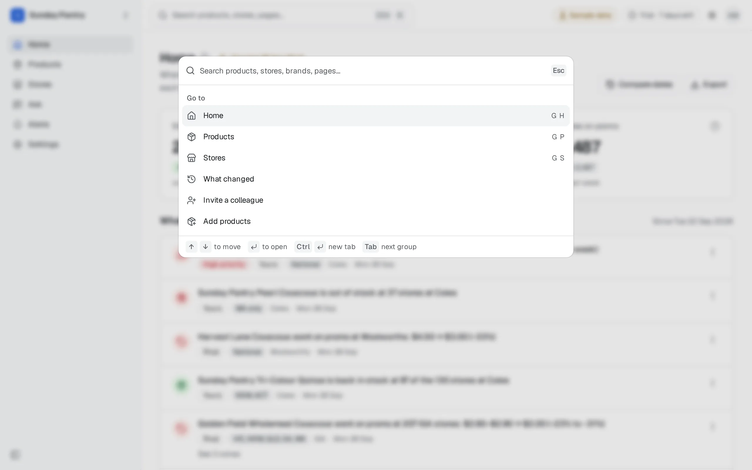 Search, opened with Command K: products, stores, brands, pages and actions in one panel
