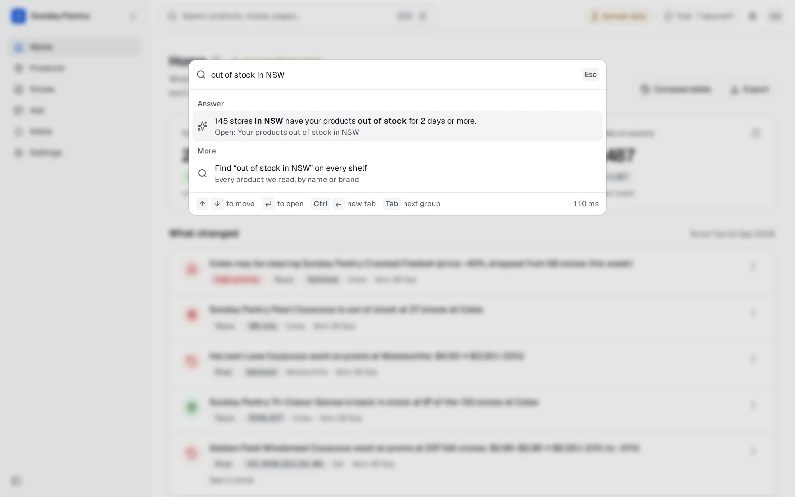 Search answering a question: a one-line answer on top that opens the stores behind it, then products, stores and pages
