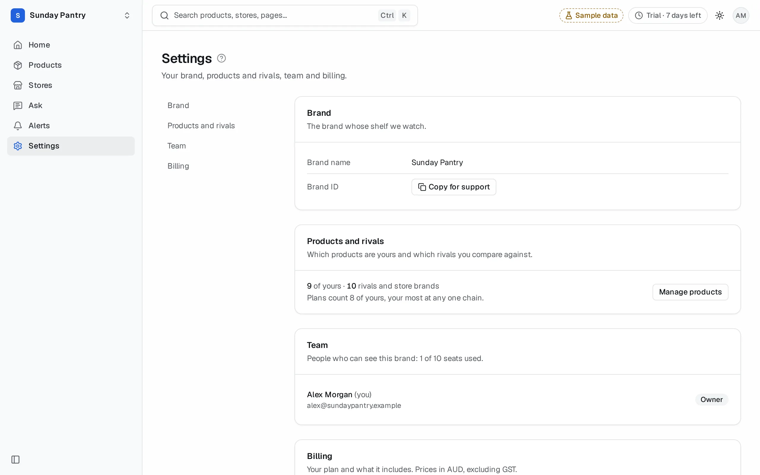 Settings: Brand, Products and rivals, Team and Billing